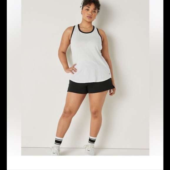 PINK Victoria's Secret Tops - Pink Brand- Sz LG White Tank Top with Black Trim With Black Dog In Corner.